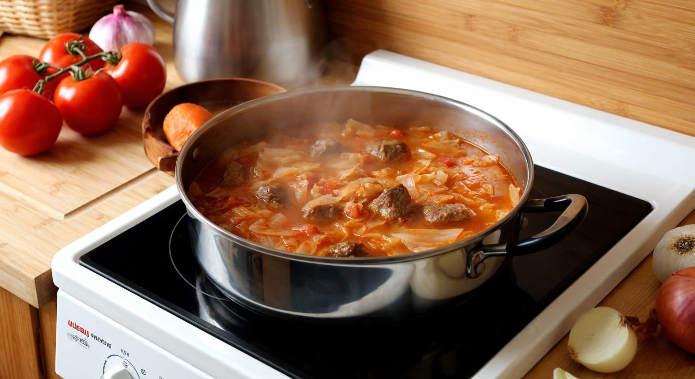 A steaming pot of *etli kapuska* on a stovetop, with tender cabbage and meat visible, surrounded by fresh ingredients like tomatoes and onions on a wooden kitchen counter in a cozy Turkish home.