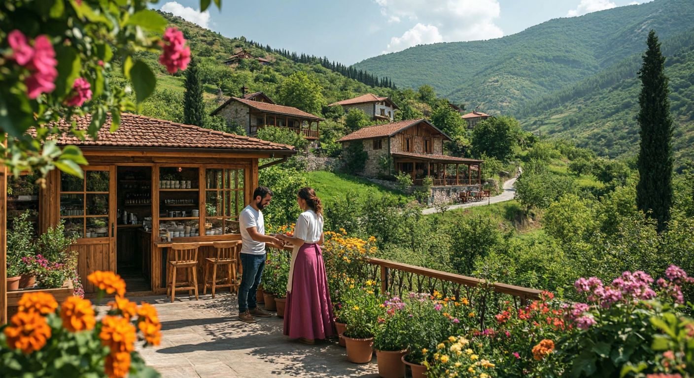 A lush green village scene with a cozy wooden coffee shop nestled among rolling hills, a couple smiling warmly while arranging a rustic boutique hotel’s terrace, and a woman tending to vibrant flowers in a sunlit garden, all reflecting the peaceful transition from city to rural life in Turkey.