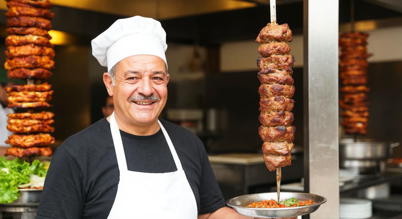 A smiling, middle-aged Turkish man with a mustache, wearing a white apron and chef's hat, stands proudly in front of a sizzling vertical skewer of golden-brown cağ kebap in a bustling Erzurum restaurant.