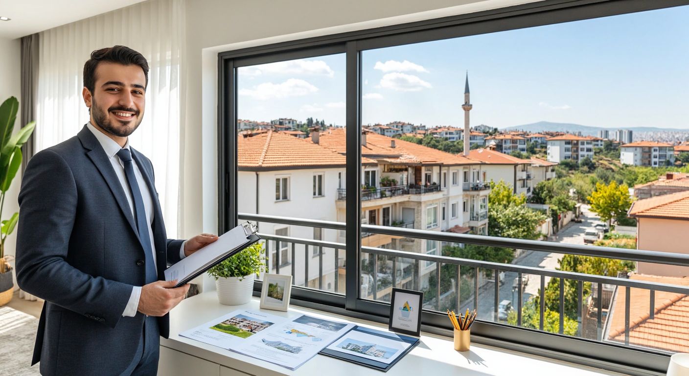 A neatly arranged Turkish real estate listing board displays a bright, sunlit apartment with a balcony overlooking a bustling neighborhood, surrounded by small photos of the interior, a map pin marking the location, and a smiling agent in a formal suit holding a folder of documents.