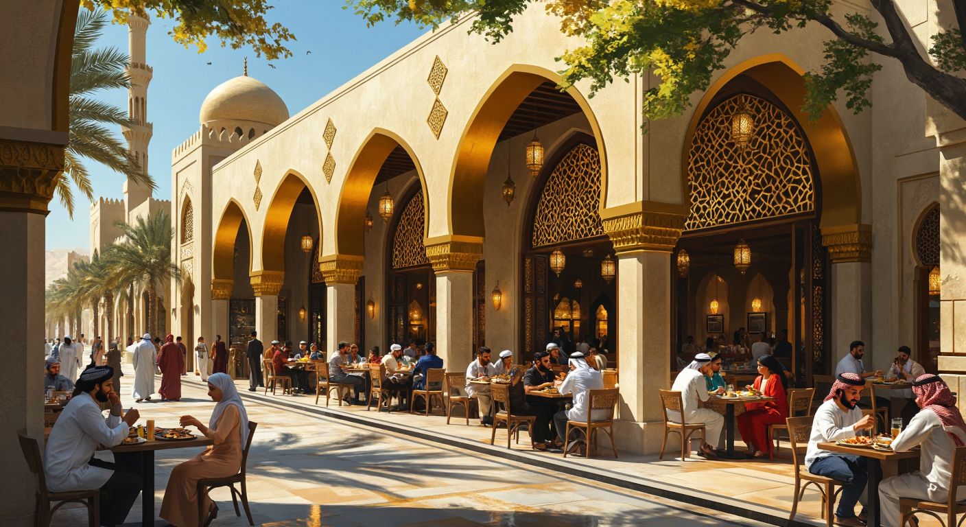 A vibrant Middle Eastern street scene with a modern **Kim Chikin** restaurant facade, featuring golden arches and Arabic-style decor, surrounded by people of diverse backgrounds enjoying meals under warm desert sunlight.