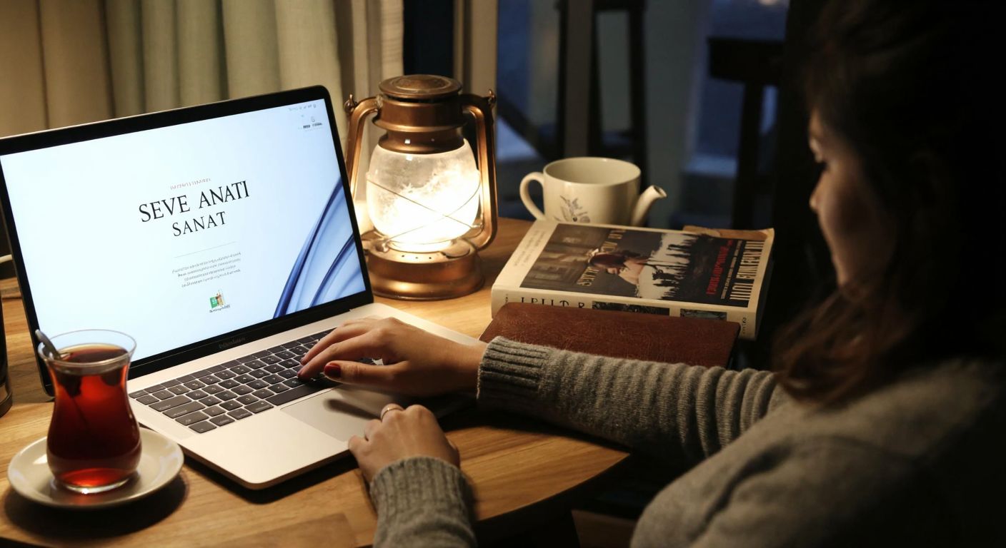 A person in a cozy Turkish home, sitting by a wooden desk with a steaming cup of çay, intently browsing a laptop screen with a digital book cover of *Sevme Sanatı* visible.