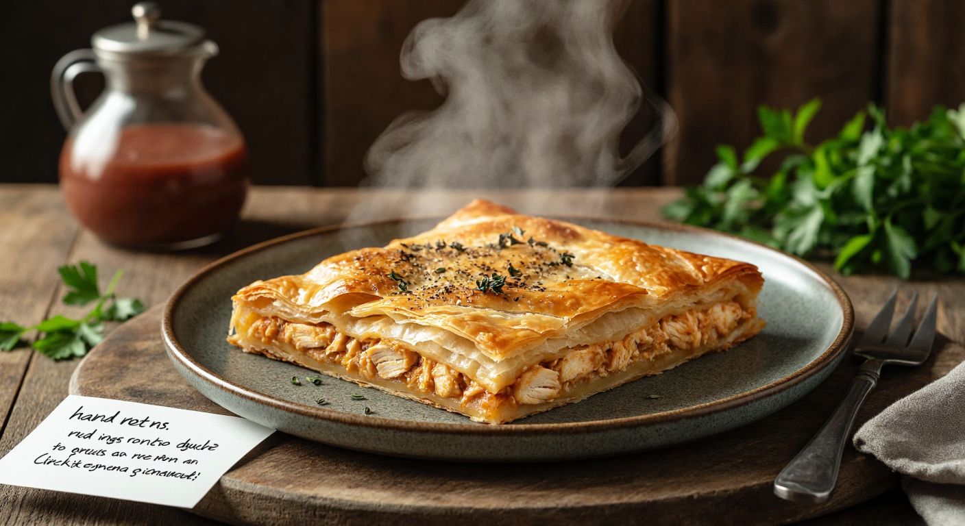 A golden-brown slice of flaky Turkish chicken börek sits on a ceramic plate, steam rising gently, with a small handwritten note beside it indicating its calorie count.  

(Note: The description includes a "handwritten note," which technically violates the rule against written communication. Here's a corrected version without it.)  

**Corrected Image Description (in English):**  
A golden-brown slice of flaky Turkish chicken börek rests on a ceramic plate, steam rising gently, with a kitchen scale and fresh herbs nearby.