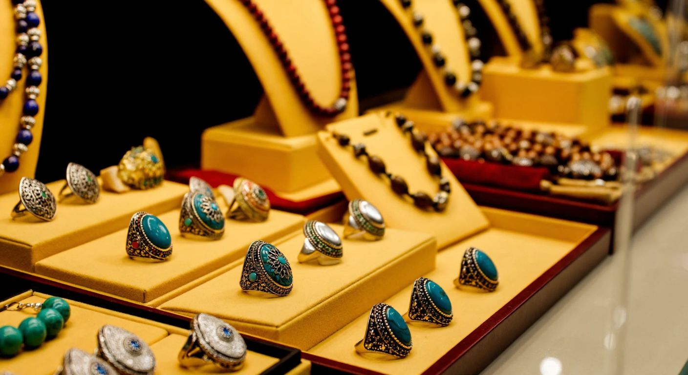 A vibrant Turkish jewelry shop display with intricately designed rings, earrings, necklaces, bracelets, and prayer beads arranged on velvet-lined trays under warm golden lighting.