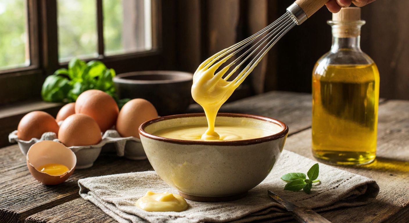 A golden-yellow mayonnaise being drizzled from a whisk into a ceramic bowl, with fresh eggs and a bottle of vegetable oil on a rustic wooden table in a sunlit Turkish kitchen.
