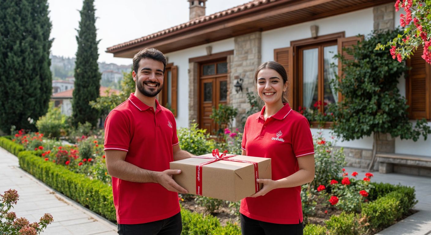 A smiling courier in a red uniform hands a neatly wrapped Özdilek package to a happy customer in front of a traditional Turkish home with a colorful garden.