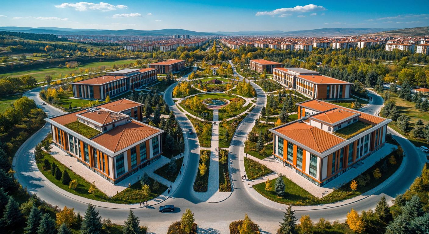 A vibrant aerial view of four distinct university campuses in Çorum, Turkey, each surrounded by lush greenery and connected by winding roads, with students walking between modern academic buildings under a bright blue sky.