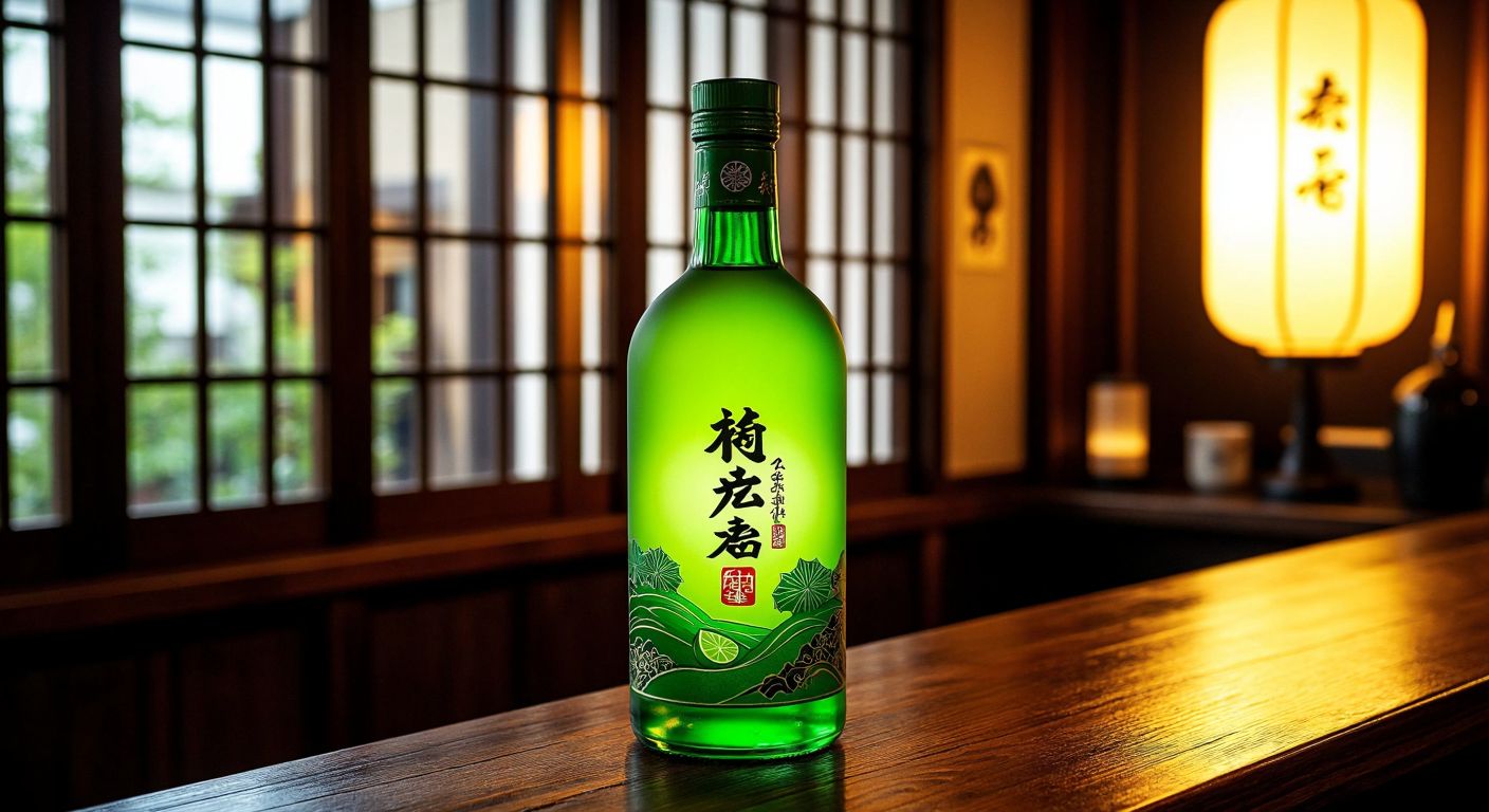 A vibrant green melon-flavored liqueur bottle with a sleek Japanese design, placed on a traditional wooden bar counter under soft lantern light.