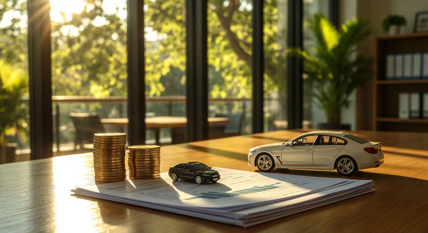 A wooden table in a sunlit Turkish office displays neatly arranged financial documents next to a small stack of gold coins and a miniature car model, symbolizing movable assets and securities.