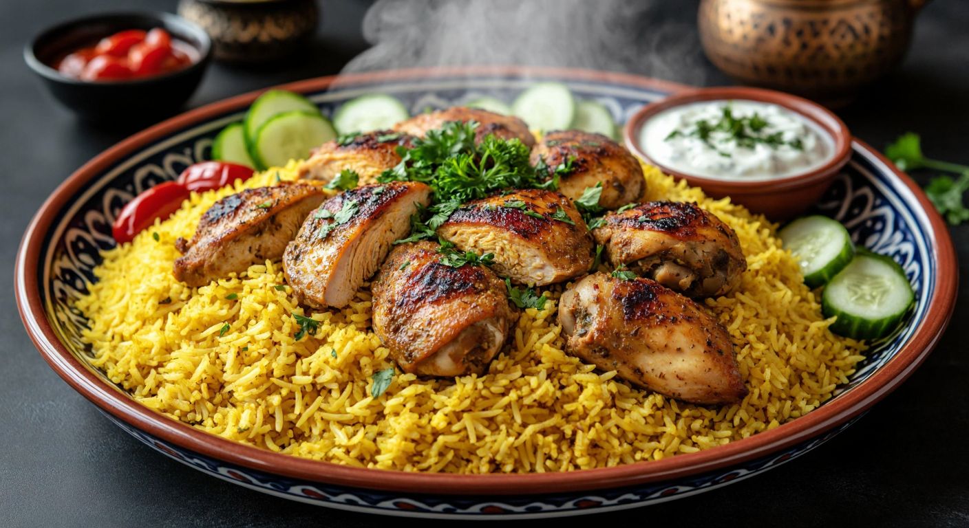 A steaming plate of golden saffron rice topped with tender, marinated chicken breast and thighs, garnished with fresh parsley, served on a traditional Turkish ceramic plate with a side of yogurt and pickles.