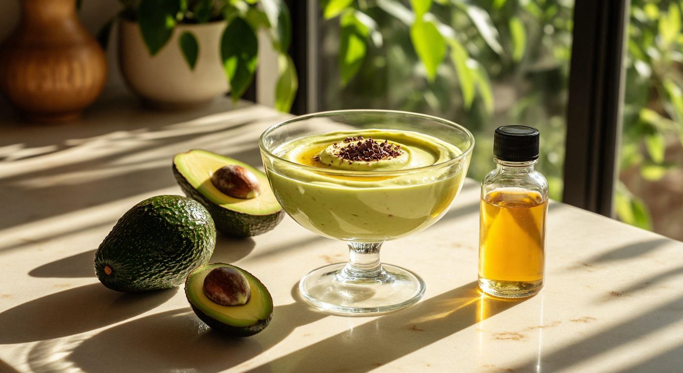 A sunlit Turkish kitchen counter displays a creamy avocado mousse in a glass bowl, drizzled with honey and sprinkled with cocoa, beside a small bottle of vanilla extract and fresh avocados.