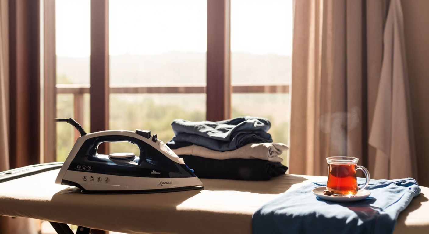 A sleek Arzum iron with a ceramic base sits on a wooden ironing board in a sunlit Turkish home, surrounded by neatly pressed clothes and a steaming cup of çay.