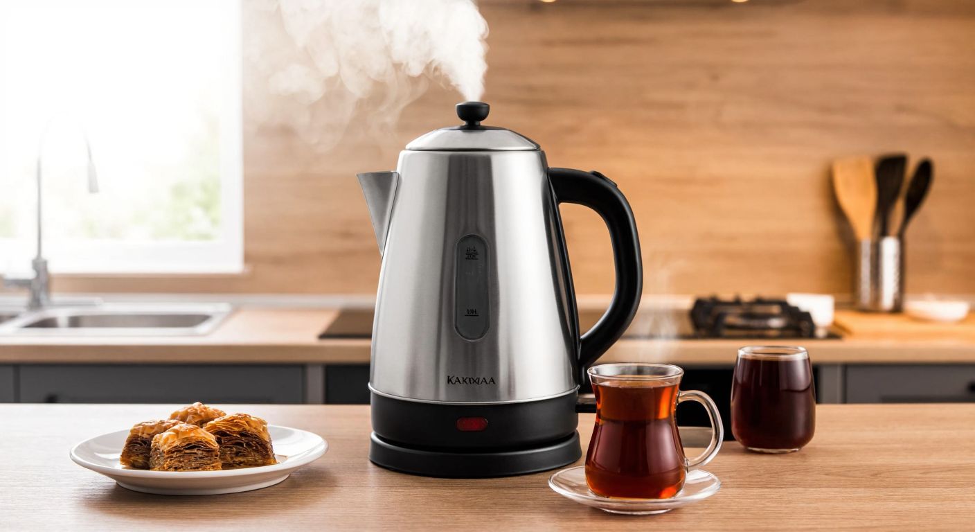 A sleek, stainless steel Karaca kettle sits on a wooden kitchen counter in a cozy Turkish home, steam rising from its spout as a glass of freshly brewed çay and a small plate of baklava rest beside it.