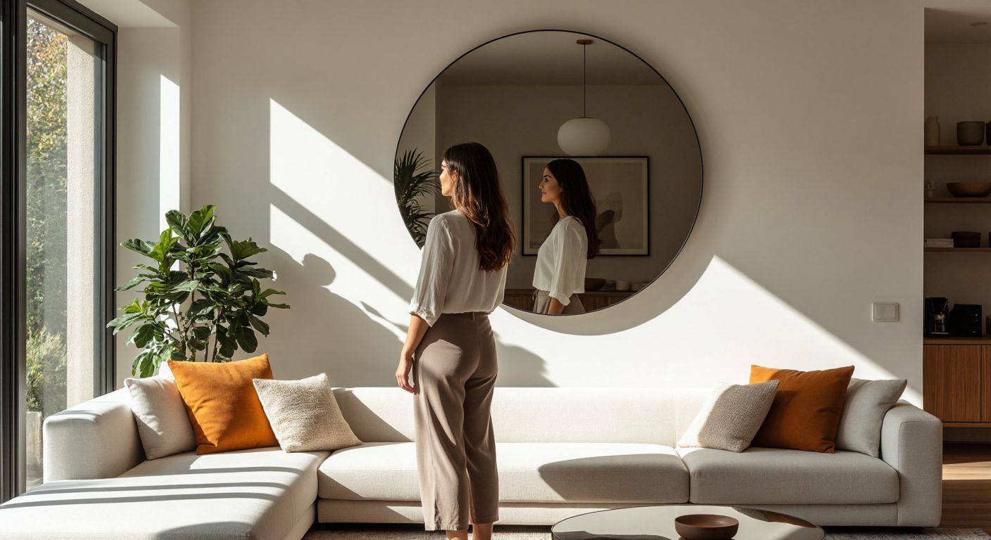 A sleek, adhesive-backed mirror mounted on a bright Turkish living room wall, reflecting sunlight and making the space appear larger, with a woman in modern casual attire admiring the effect.