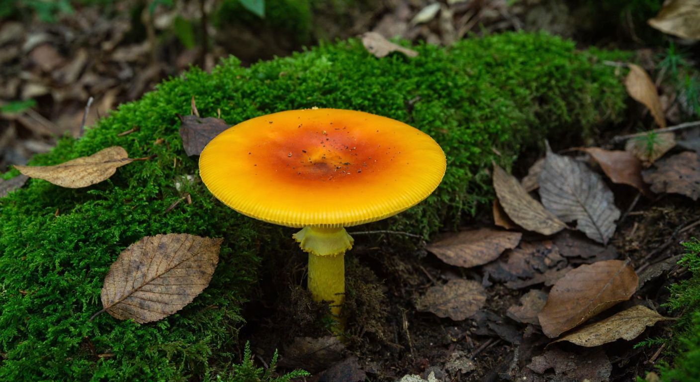 A vibrant orange Sezar mushroom (Amanita caesarea) with a smooth cap and yellow gills, nestled among green moss and fallen leaves in a sun-dappled Turkish forest, while a cautious forager in casual outdoor clothing examines it closely.