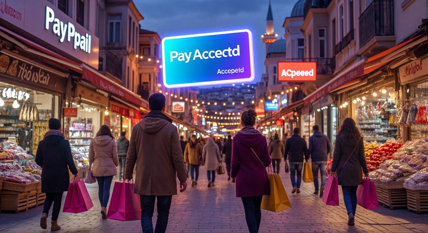 A vibrant digital gift card floating above a bustling Turkish marketplace, with shoppers holding colorful bags from various stores and a glowing "PayPal Accepted" sign in the background.