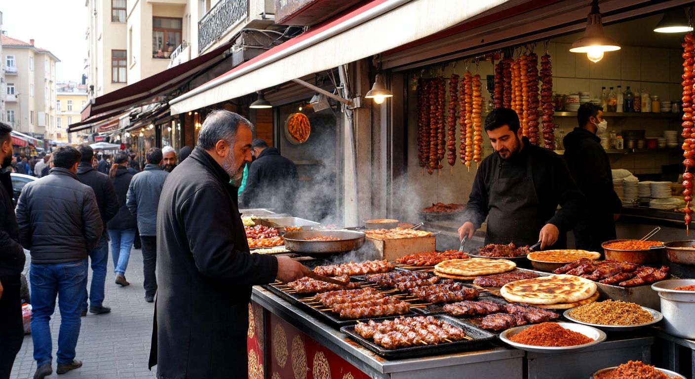 A bustling Turkish street food market with vendors serving sizzling kebabs and gözleme, while a curious customer asks a shop owner about ownership, surrounded by the aroma of spices and grilled meats.