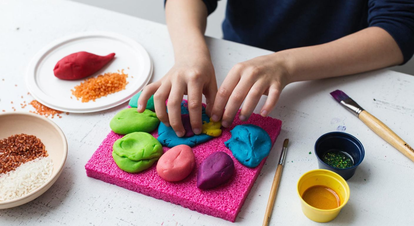 A child’s hands carefully shaping colorful playdough into small organelles on a foam base, surrounded by scattered materials like rice grains, brushes, and guaj paint, with a watchful adult nearby holding a craft knife.