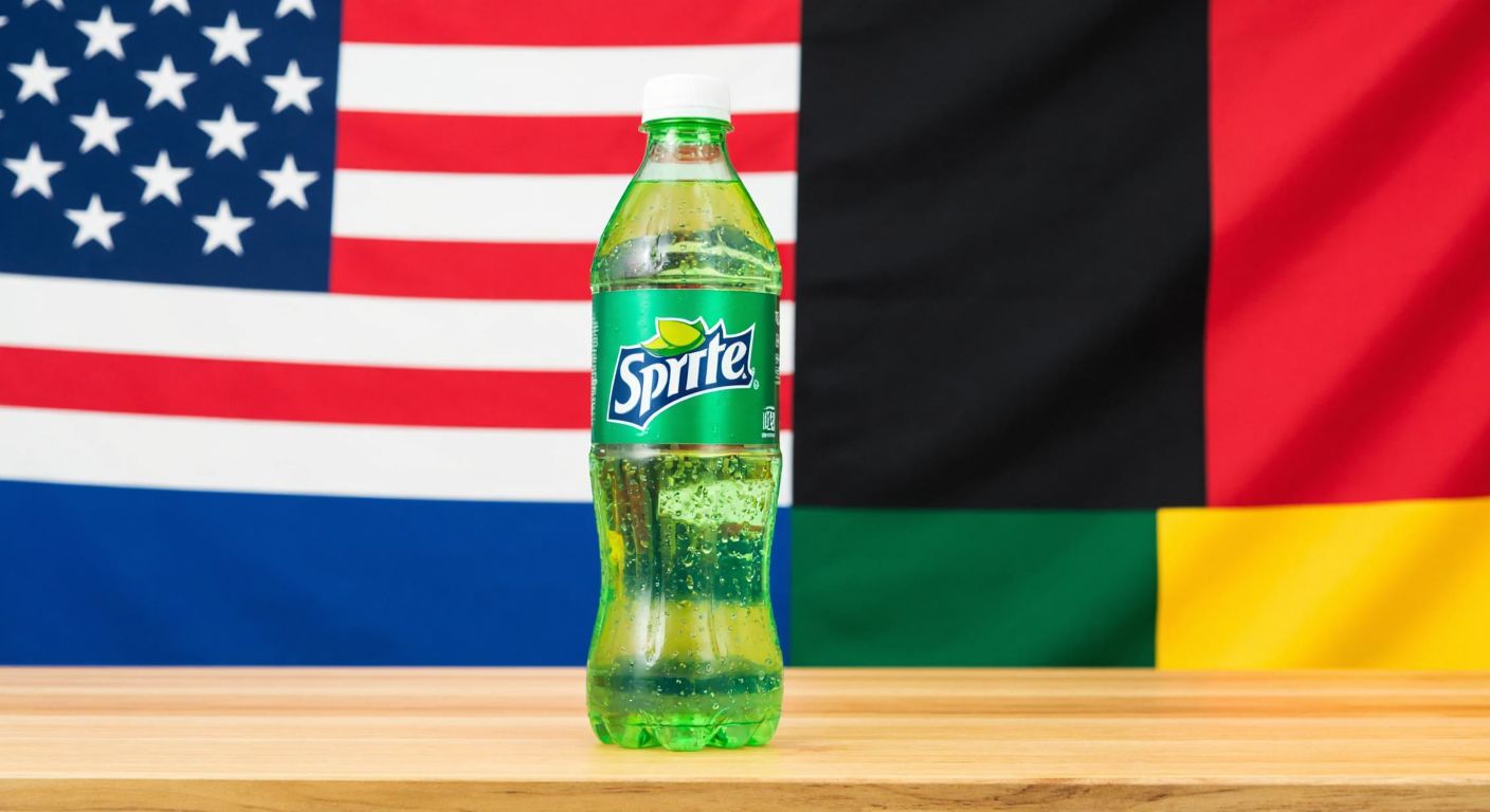 A frosty green Sprite bottle with condensation droplets, placed on a wooden table against a backdrop of the American and German flags subtly blended together.