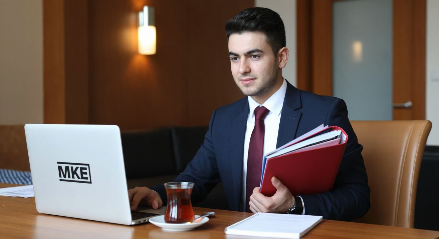 A determined young professional in Ankara, wearing formal attire, sits at a wooden desk with a laptop open displaying the MKE logo, while holding a neatly organized folder of documents, with a steaming cup of Turkish tea beside them.