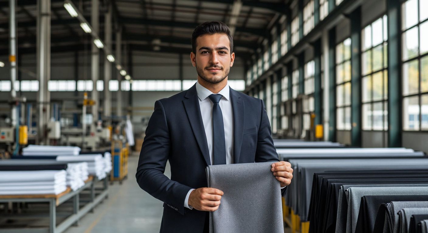 A confident Turkish businessman in a sleek suit stands proudly in front of a modern textile factory, holding a high-quality fabric sample with the Doreanse logo subtly woven into the pattern.