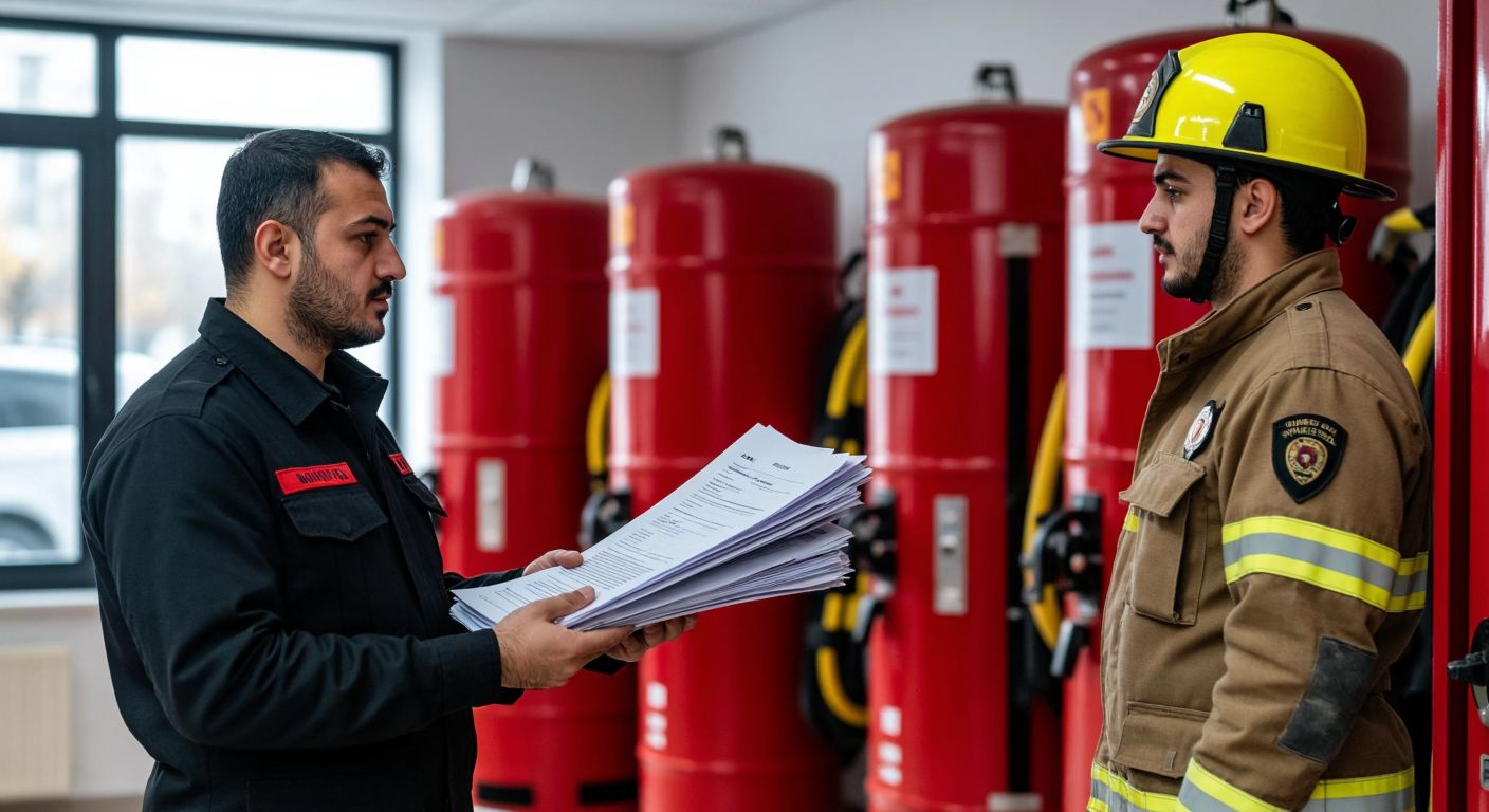 A focused Turkish citizen in a municipal office, holding a stack of documents (application form, ID copy, and notarized papers), while a firefighter in uniform reviews them against a backdrop of fire safety equipment.