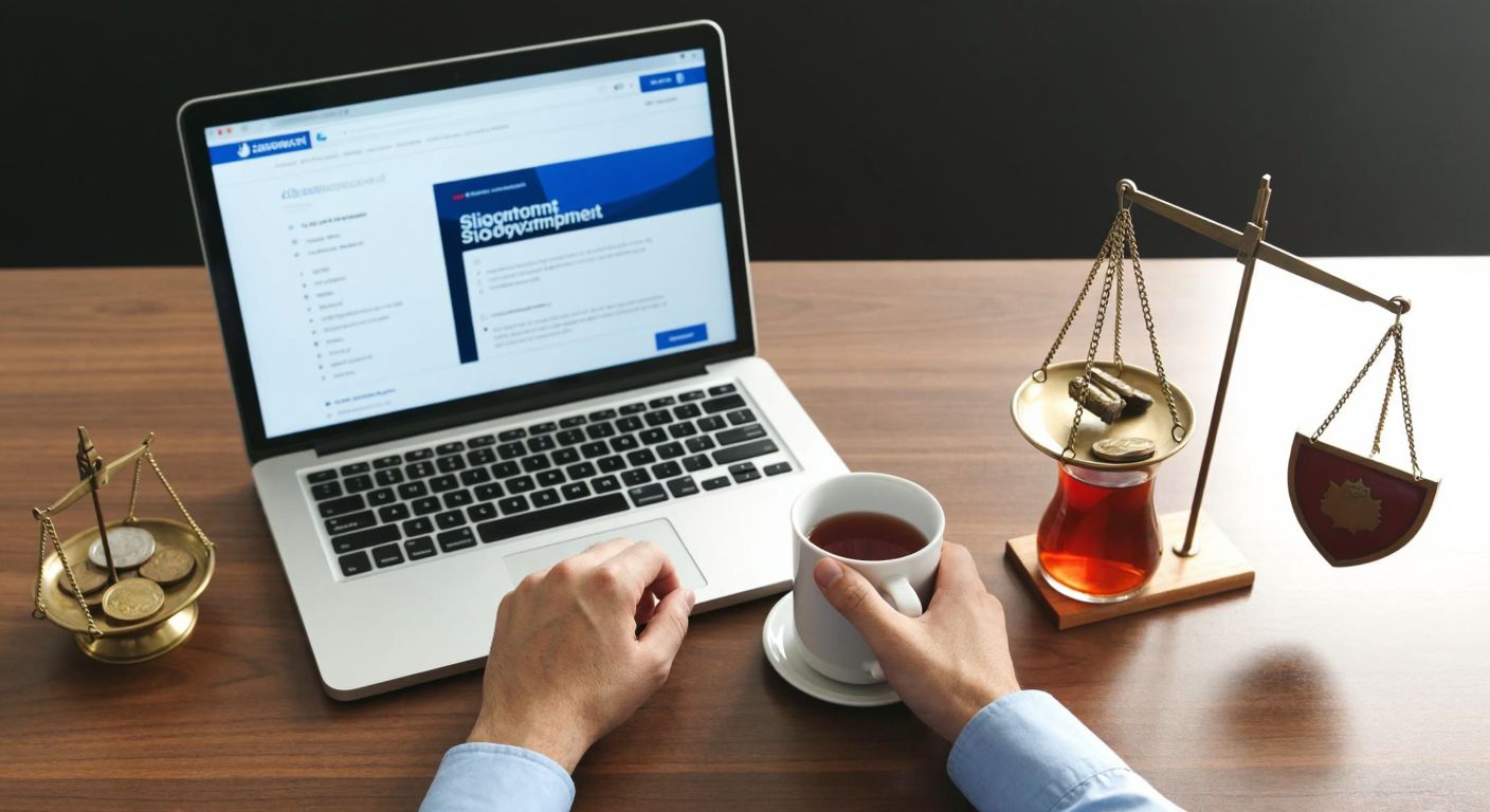 A Turkish person sitting at a wooden table with a laptop open to a Sigortam.net webpage, holding a steaming cup of çay, while a balanced scale with coins on one side and a shield on the other sits beside them.