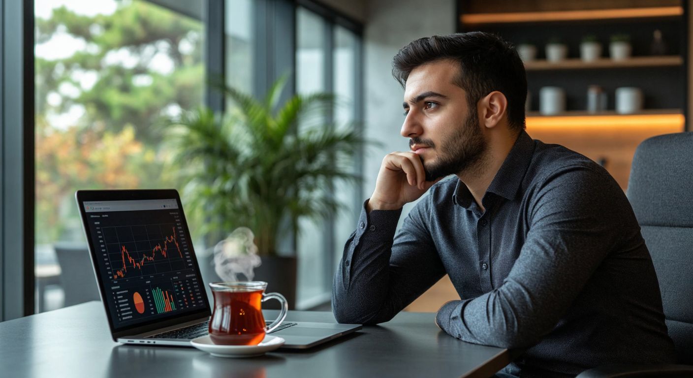 A Turkish investor in a modern office gazes thoughtfully at a laptop screen displaying a financial chart, with a steaming cup of Turkish tea beside them.