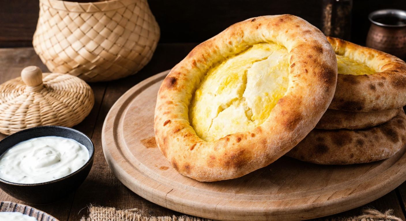 A rustic wooden table in a Turkish village kitchen holds a golden-brown potato bread, freshly baked with a crisp crust, while a traditional woven basket and a small bowl of yogurt sit nearby, evoking warmth and homemade tradition.
