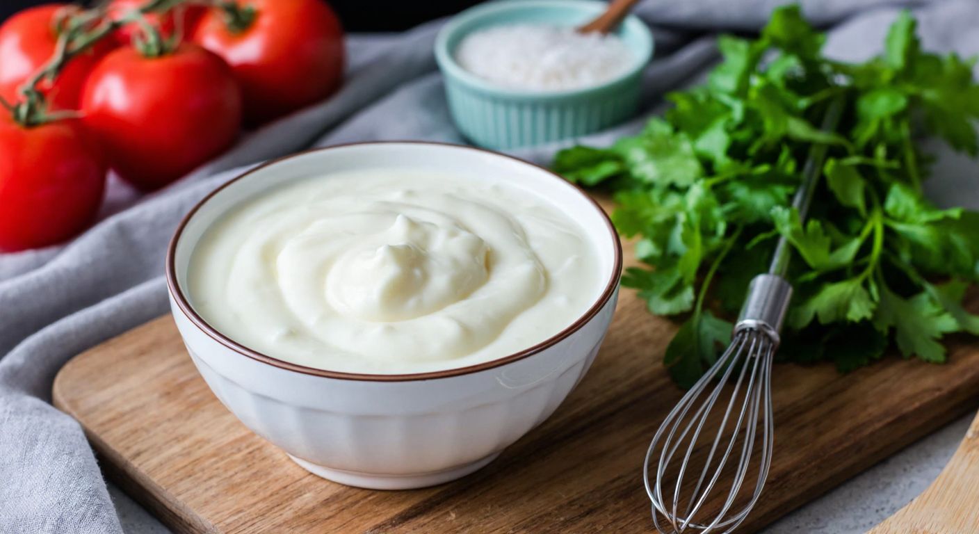 A Turkish kitchen counter with a bowl of thick, creamy milk kreması next to a whisk and fresh herbs, evoking a warm, homey cooking atmosphere.