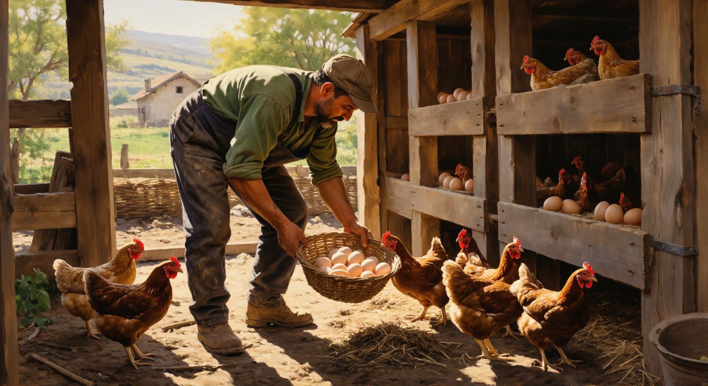 A Turkish farmer in a rural setting wearing work clothes and a cap, gently feeding chickens in a sunlit wooden coop while holding a basket of fresh eggs.