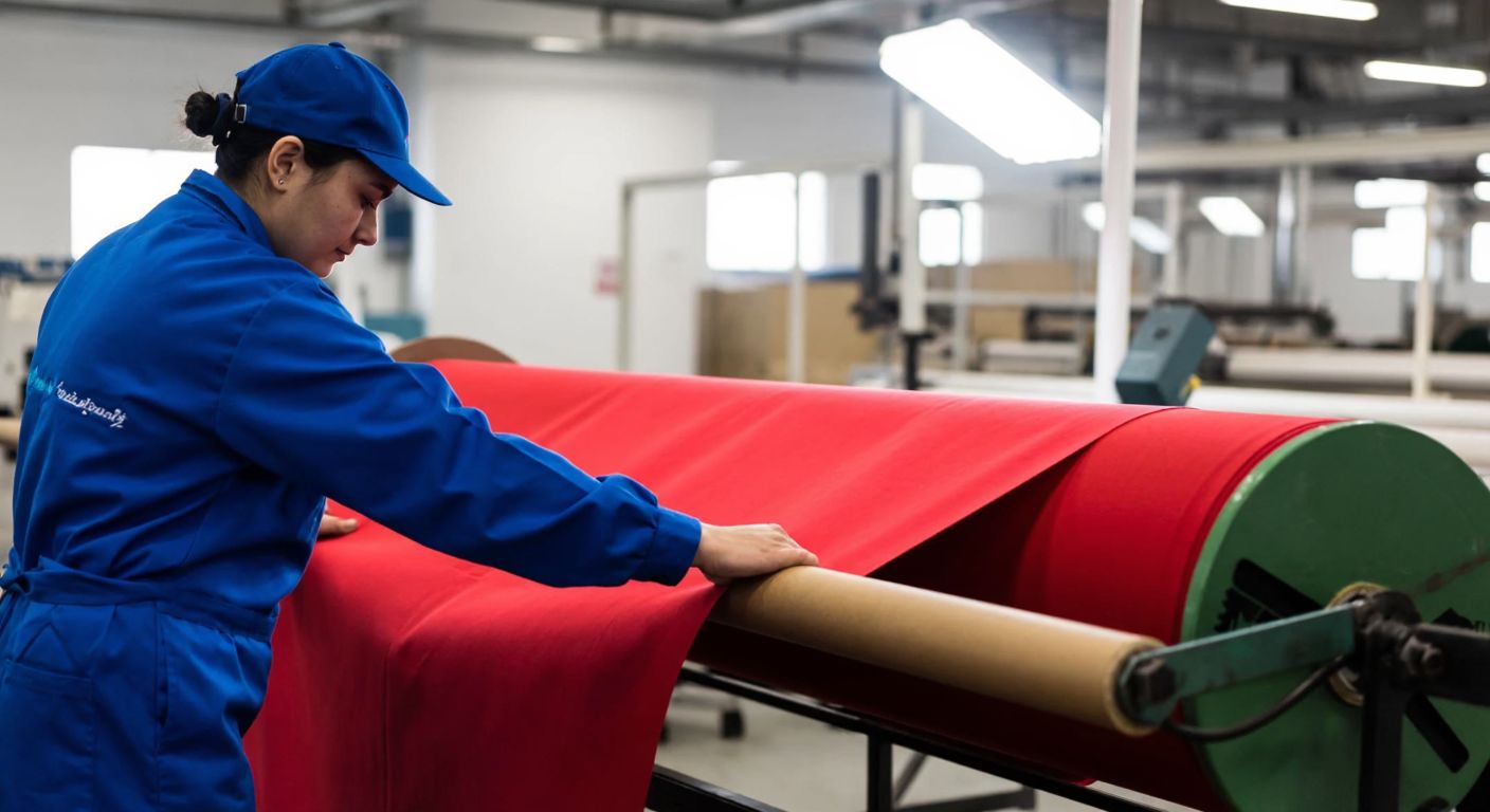 A textile factory worker in a blue uniform carefully rolls a vibrant red fabric onto a sturdy cardboard tube in a well-lit industrial workspace.