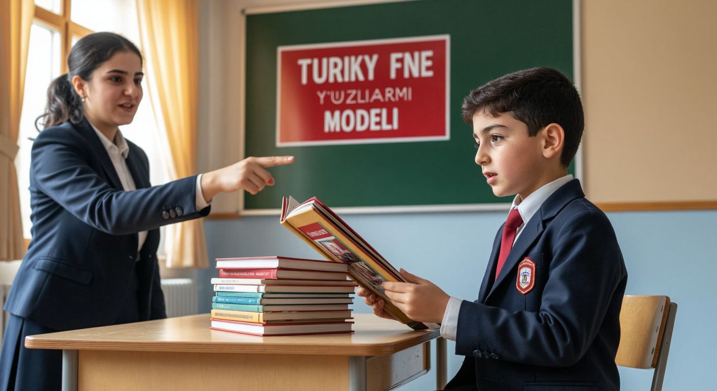A young Turkish student in a school uniform sits at a wooden desk, flipping through a fresh stack of updated textbooks with a determined expression, while a teacher points to a colorful poster of the "Türkiye Yüzyılı Maarif Modeli" on the classroom wall.