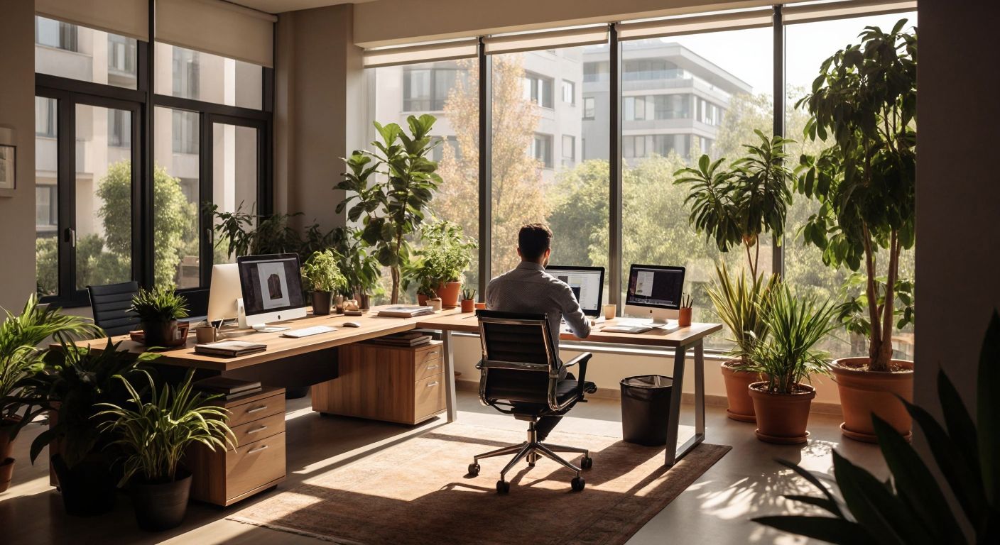 A well-lit modern Turkish office with sleek wooden desks, ergonomic chairs, and potted plants, where a designer in a crisp shirt reviews a 3D model on a laptop while natural light streams through large windows.