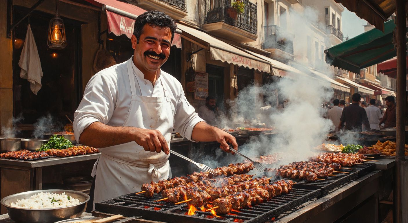 A smiling, mustachioed man in a white apron grills skewered kebabs over glowing charcoal, with the golden-brown meat sizzling and smoke rising, set against a bustling Adana street backdrop.