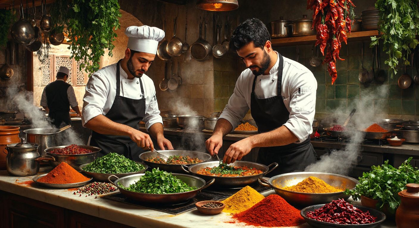 A bustling Turkish kitchen with two chefs—one young and focused on chopping fresh herbs, the other proudly plating a sizzling dish, surrounded by vibrant spices and steaming pots.