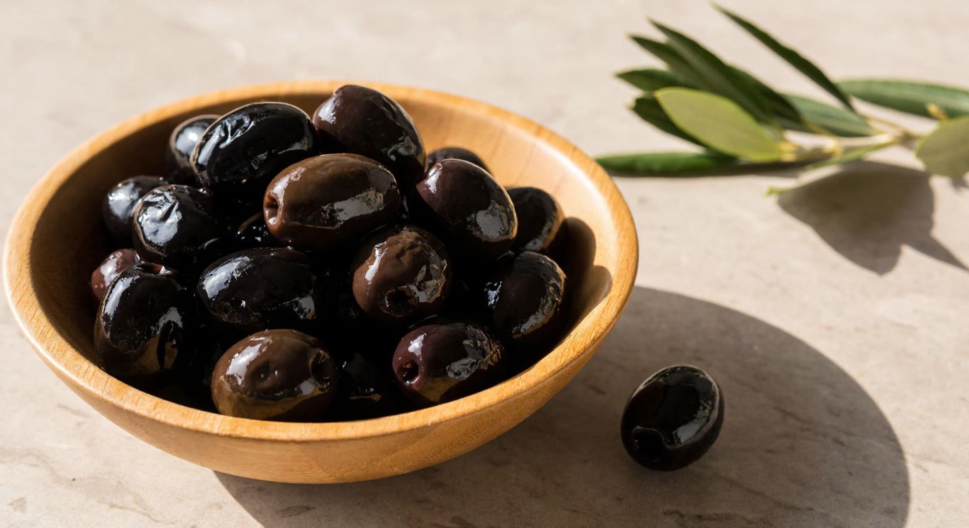 A rustic wooden bowl filled with dark, glossy Kuru Sele olives, resting on a sunlit stone countertop with a few olive leaves scattered nearby, evoking a simple, traditional Turkish breakfast setting.
