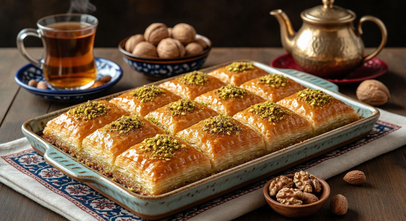 A golden-brown tray of freshly baked sütlava, drizzled with milky syrup and sprinkled with crushed pistachios, sits on a Turkish ceramic plate beside a bowl of walnuts and a glass of steaming tea.