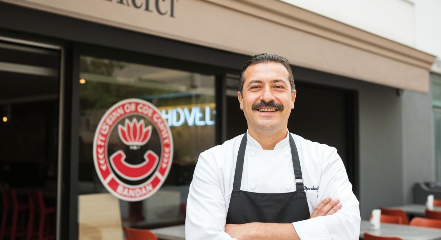 A smiling middle-aged Turkish man with a mustache, wearing a chef's apron, stands proudly in front of a modern restaurant with a neon-lit entrance in Adana.