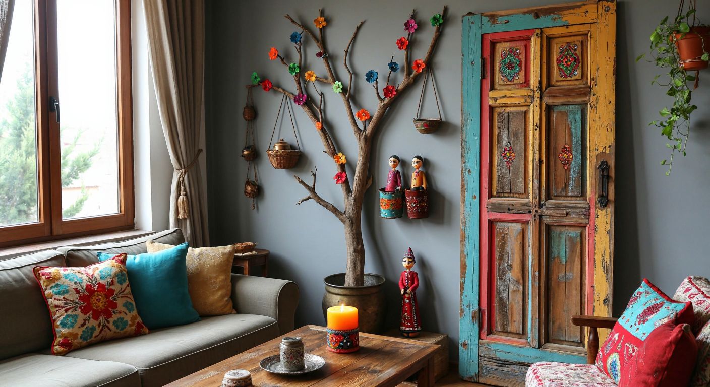 A cozy Turkish living room with a rustic wooden door repurposed as a photo frame, colorful painted tree branches hanging as wall decor, and a fabric pocket organizer holding small trinkets, while painted napkin roll figures and a repurposed tin can candle holder sit on a wooden table.