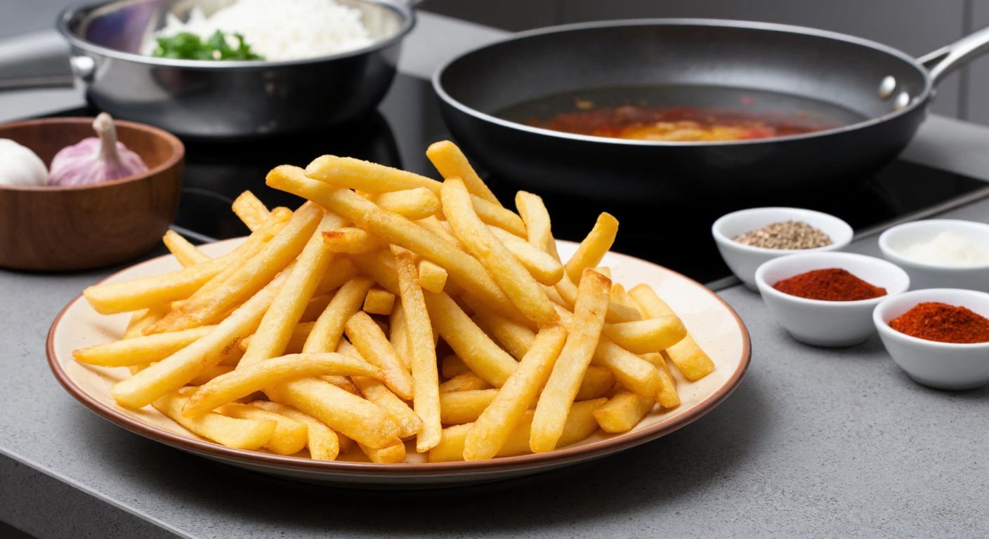 A Turkish kitchen counter with golden-brown pomme frites piled high on a ceramic plate, surrounded by bowls of spices like red pepper and garlic powder, and a sizzling pan of hot oil in the background.