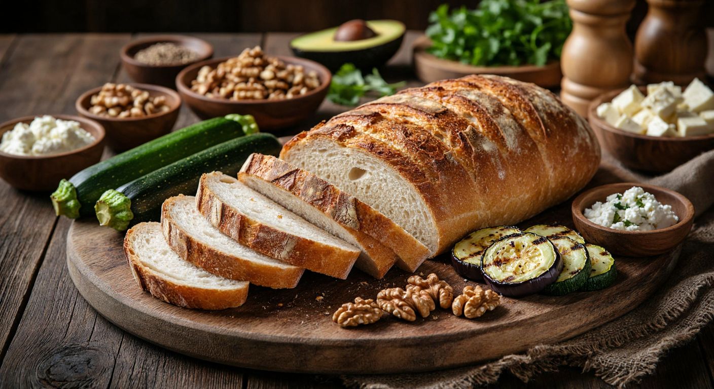 A rustic wooden table holds a freshly sliced loaf of crusty bread, surrounded by vibrant ingredients like smoked turkey, creamy avocado, sizzling chicken döner, grilled eggplant, zucchini, white cheese, and a small bowl of walnuts, evoking the warmth of a Turkish kitchen.
