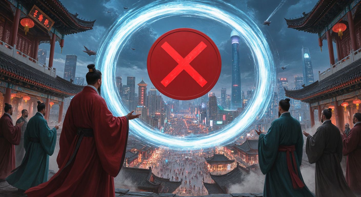 A futuristic Chinese cityscape with a red prohibition sign hovering over a swirling time portal, while traditional Chinese scholars in historical robes shake their heads disapprovingly.
