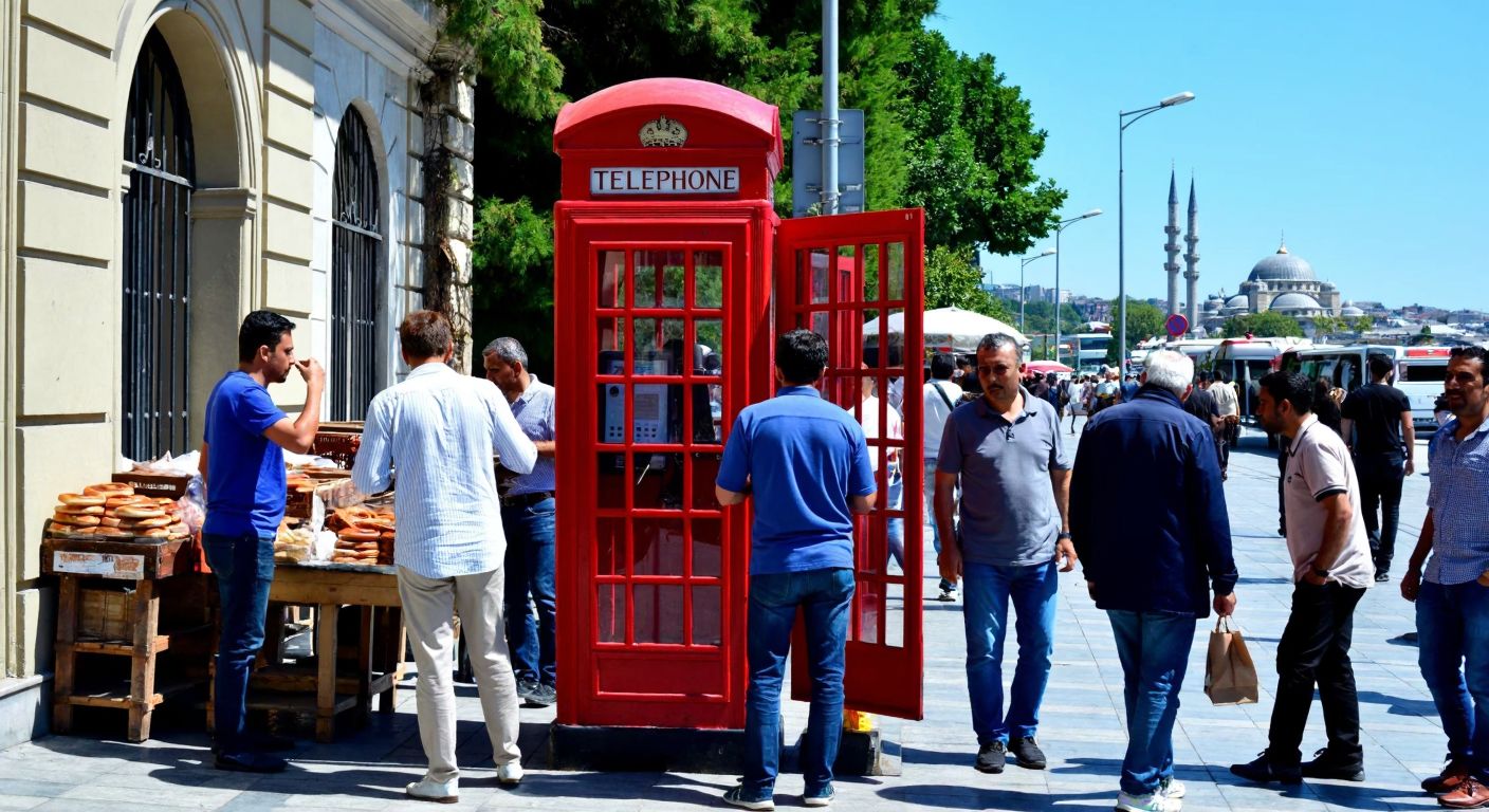 A bustling street scene in Istanbul's European side, with a traditional red Turkish telephone booth under a clear blue sky, surrounded by people in casual attire chatting and vendors selling simit.