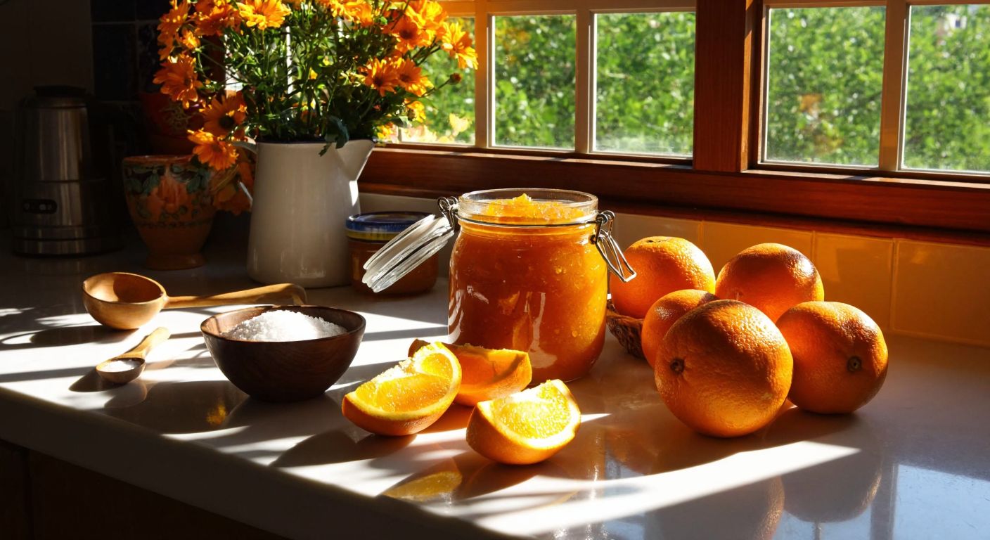 A sunlit kitchen counter in Turkey with a jar of freshly made orange marmalade cooling beside sliced oranges, a wooden spoon, and a bowl of sugar, evoking warmth and homemade tradition.