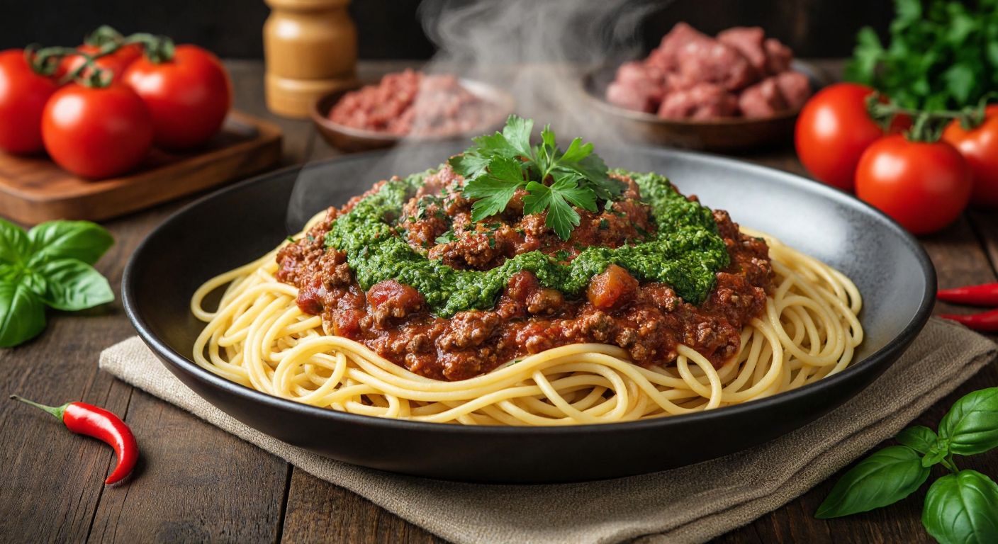 A steaming plate of spaghetti topped with rich bolognese sauce and vibrant green pesto, garnished with fresh parsley, set on a rustic wooden table in a Turkish kitchen with ingredients like minced meat, tomatoes, and basil nearby.