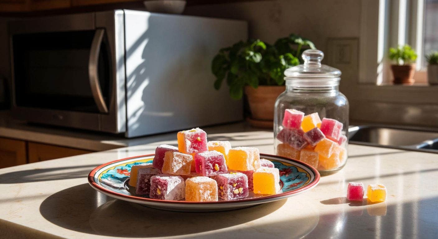 A colorful plate of Turkish delight with a few pieces slightly hardened, placed beside a microwave and an airtight glass jar on a marble countertop in a sunlit Turkish kitchen.