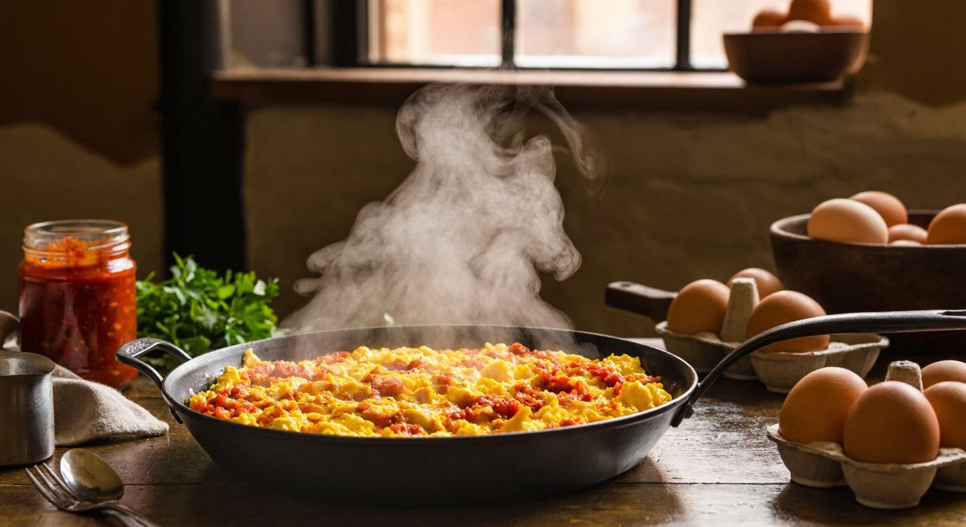 A warm, rustic Turkish kitchen with a sizzling pan of golden-yellow scrambled eggs mixed with rich red pepper paste, steam rising gently, surrounded by fresh ingredients like eggs and a jar of tomato paste on a wooden counter.