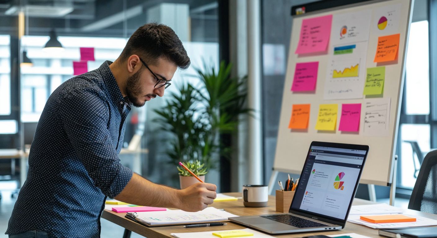 A focused young professional in a modern Turkish office quickly sketches presentation slides on a whiteboard, surrounded by colorful sticky notes and a laptop displaying a sleek slide design.