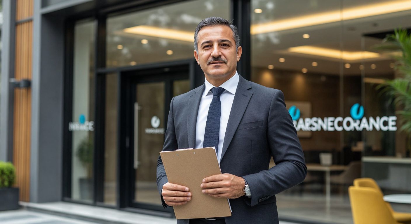 A confident middle-aged Turkish man in a sharp business suit stands proudly in front of a modern insurance office in Istanbul, holding a folder with the company logo subtly visible.